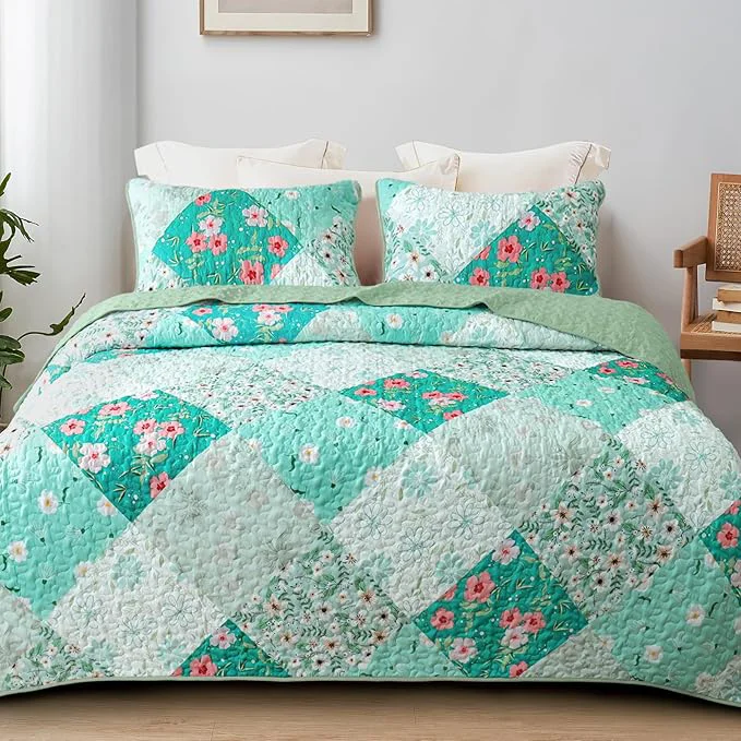 Excellent Whale Flotilla Patchwork Quilt Twin Size Extra Soft Boho Floral Bedspreads for Bed Reversible Lightweight Twin Quilt Bedding Set Printed Coverlets with 1 Pillow Sham for All Seasons Green Innovative
