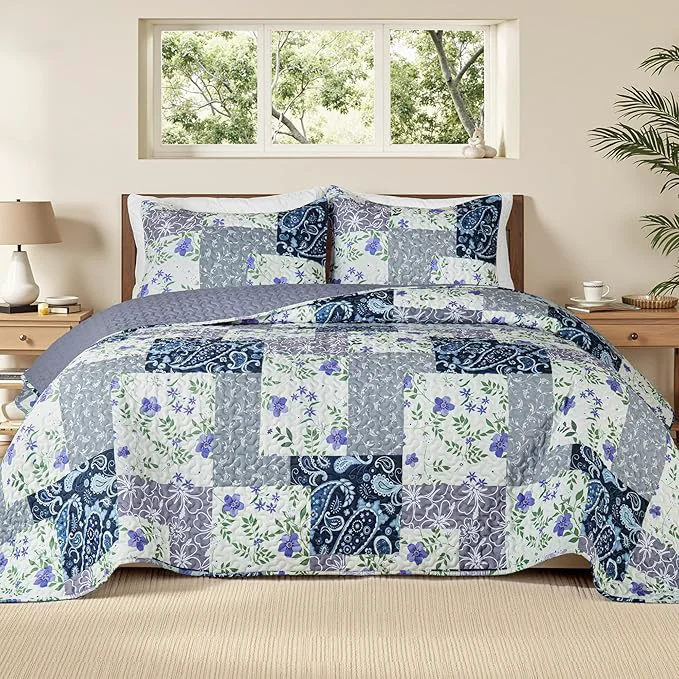 High-Performance Whale Flotilla Patchwork Quilts Queen Size Soft Boho Floral Bedspreads for Bed Reversible Lightweight Full Queen Quilt Bedding Set Coverlets with 2 Pillow Shams for All Seasons Paisley Flowers Professional