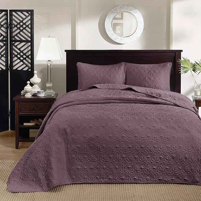 Premium Madison Park Quebec Reversible Damask Design Double Sided Quilting All Season Lightweight Coverlet Bedspread Bedding Set Matching Shams King 120 quot x118 quot Purple Elite