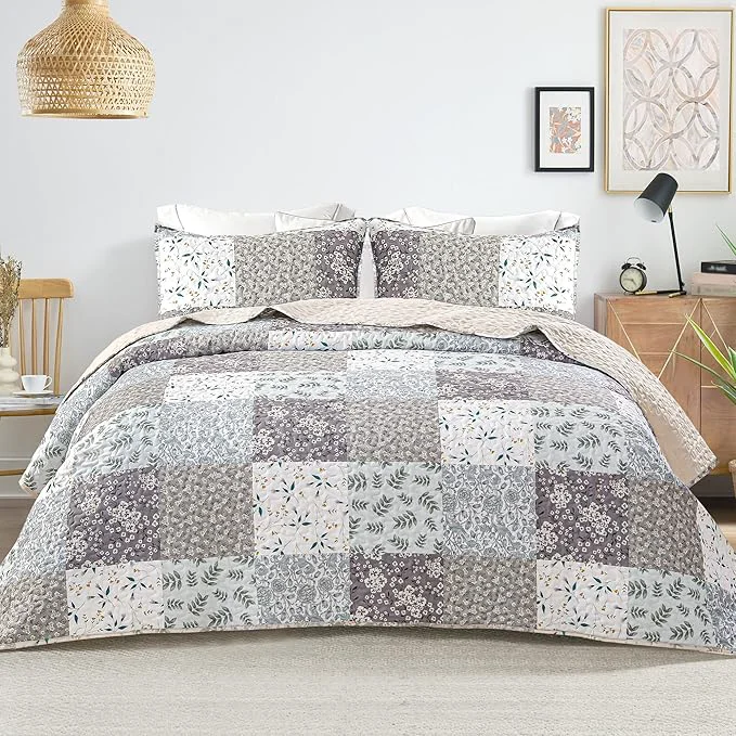 Premium Whale Flotilla Patchwork Quilt Twin Size Extra Soft Boho Floral Bedspreads for Bed Reversible Lightweight Twin Quilt Bedding Set Printed Coverlets with 1 Pillow Sham for All Seasons Grey Enhanced