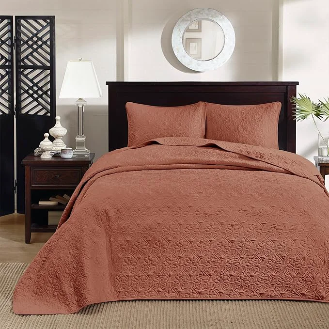 Fashionable Madison Park Bedspread Set Reversible Damask Quilted Oversized Coverlet Cotton-Filled Quilts Oversized All Season Lofty amp Warm Bedspread Quebec Clay Red 3 Piece Smooth