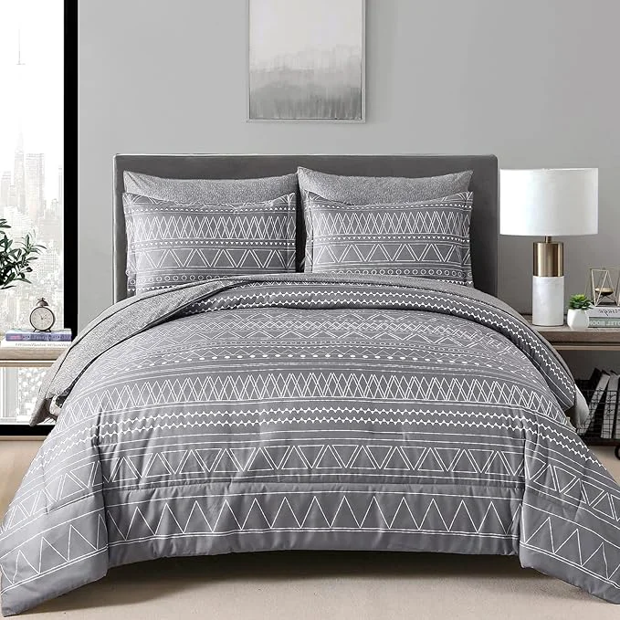 Fashionable WONGS BEDDING Grey Boho Comforter Set Queen Size Dark Grey Bed in a Bag 7 Pieces Texture Stripe Comforter Reversible Soft Microfiber Bedding Set for All Season with Sheets Pillowcases amp Shams Genuine