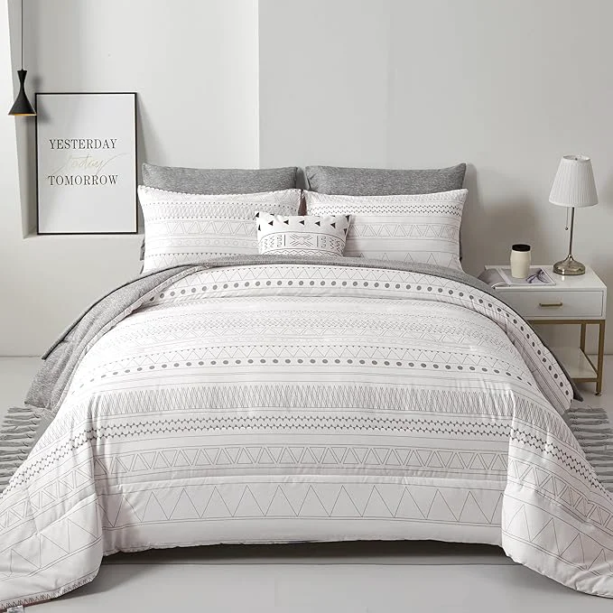 Practical WONGS BEDDING Boho Comforter Set King Size 7 Pieces Grey White Geometric Bohemian Bed in a Bag Comforter Complete Striped Bedding Set for All Season with Sheets Pillowcases amp Shams Soft Microfiber Official