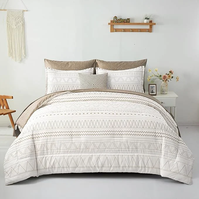 Official WONGS BEDDING 7 Pieces Khaki Comforter Set Boho Bed in a Bag King Size Geometric Striped Comforter Reversible Soft Microfiber Bedding Set with Pillowcases Flat Sheet Fitted Sheet Pillow Shams Original