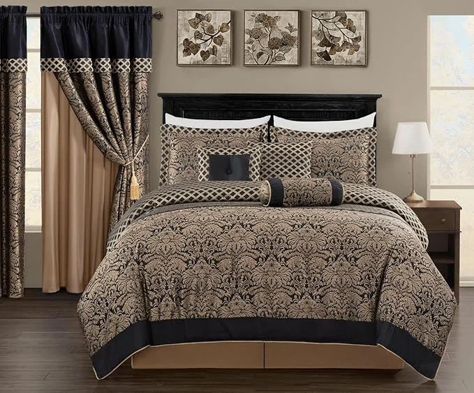 Fine Crafted Chezmoi Collection 7-Piece Black Gold Diamond Floral Medallion Jacquard Woven Comforter Set Queen Premium