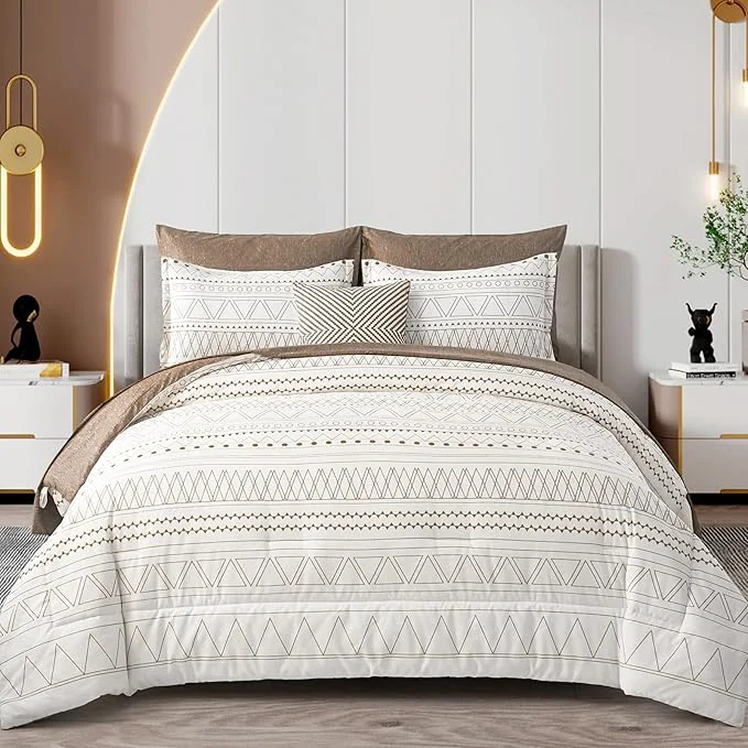 Consistent WONGS BEDDING 7 Pieces Brown Comforter Set King Size Boho Bed in a Bag Geometric Stripe Comforter Reversible Soft Microfiber Bedding Set with Pillowcases amp Shams Flat Sheet Fitted Sheet Modern