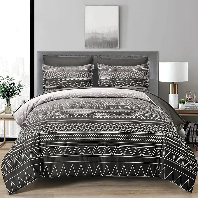 Healthy WONGS BEDDING Black Grey Boho Comforter Set King Size 7 Piece Stripe Gradient Bed Set Bed in a Bag Bedding Set for All Seasons Reversible Soft Microfiber Comforter with Sheets Pillowcases amp Shams Reusable
