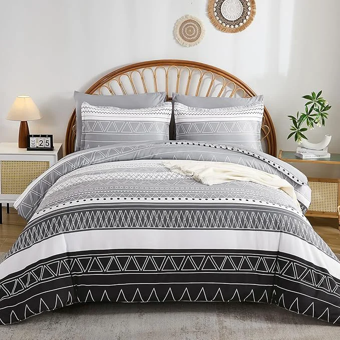 Exclusive WONGS BEDDING Queen Comforter Set 7 Pieces Boho Grey White Geometric Striped Comforter for Queen Bed in a Bag Soft Microfiber Bedding Set with Pillowcases Flat Sheet Fitted Sheet Pillow Shams Organic