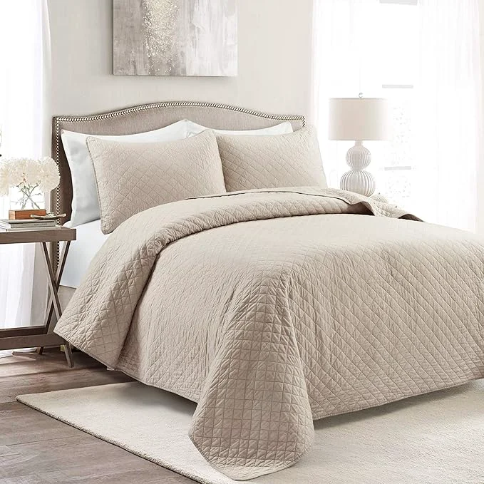 Minimalist Lush Decor Ava Quilt Diamond Pattern Solid 3 Piece Oversized Bedding Blanket Bedspread Set – Full Queen – Neutral Contemporary