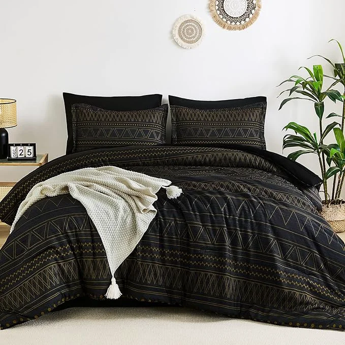 Specialty WONGS BEDDING King Size Comforter Set 7 Pieces Boho Black Gold Geometric Striped Comforter for King Bed in a Bag Soft Microfiber Bedding Set with Pillowcases Flat Sheet Fitted Sheet Pillow Shams Fine