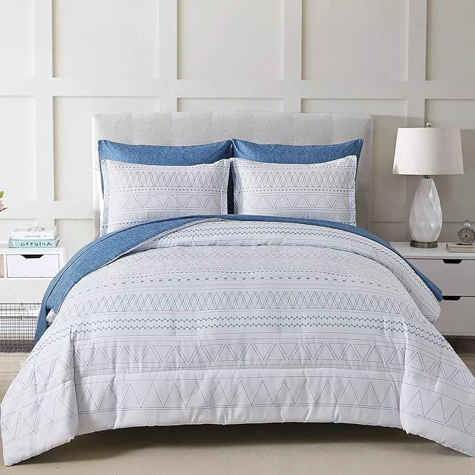 Reusable WONGS BEDDING Blue Boho Bed in a Bag Queen 7 Pieces Navy Comforter Set Queen Geometric Comforter Reversible Soft Microfiber Bedding Set with Comforter Pillowcases Flat Sheet Fitted Sheet Pillow Shams Original