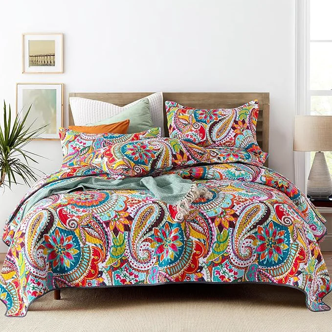 Green Qucover California King Quilt Cotton Boho Paisley Quilt 3 Piece Lightweight Oversized King Bedspread with Pillow Shams Lightweight Colorful Bedding Comforter Sets 118×106 Authentic