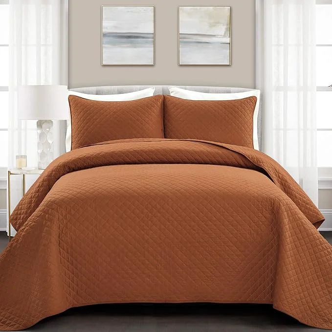 Specialty Lush Decor Ava Quilt Diamond Pattern Solid 3 Piece Oversized Bedding Blanket Bedspread Set – King – Rust Sophisticated