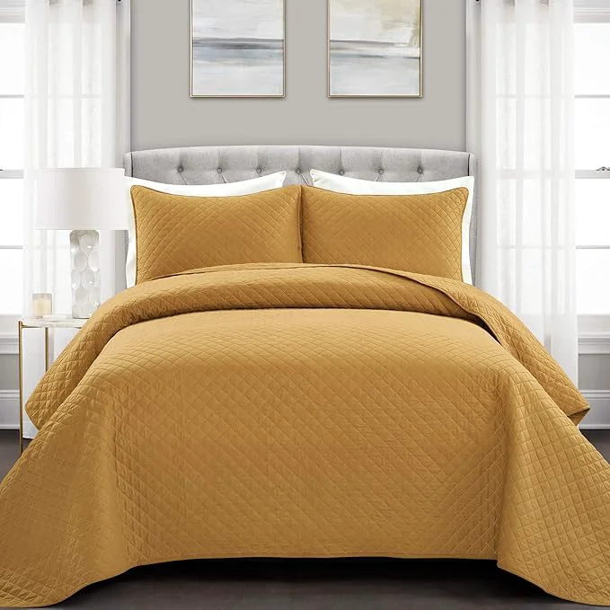 Prestigious Lush Decor Ava Quilt Diamond Pattern Solid 3 Piece Oversized Bedding Blanket Bedspread Set – King – Mustard Modern