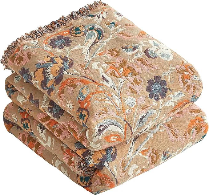 Green Boho Throw Blanket for Bed 80 x90 Cotton Woven Blanket for Couch Sofa Ultra Soft 4-Layer Muslin Quilt with Floral Printed Farmhouse Bed Blanket Cover for Living Room Decor High-Quality