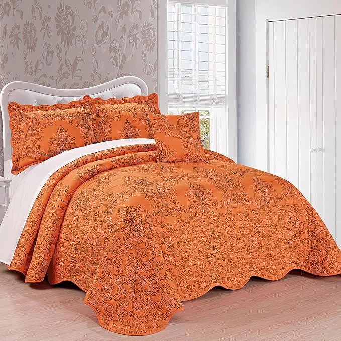 High-Performance Home Soft Things Damask 4 Piece Bedspread Set Scalloped Edge Reversible Quilt Coverlet Comforter Prewashed Bedding Set Matelasse Embossed Floral Solid Pattern Nectarine Oversize King 120 quot x 120 quot Superior
