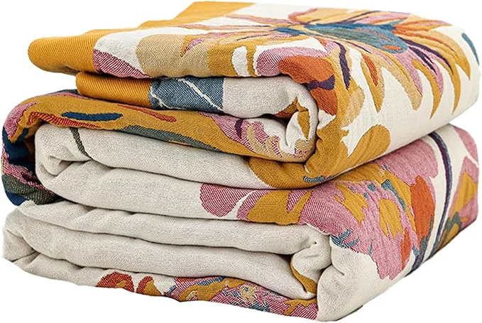 Powerful Boho Throw Blanket for Bed 90 x108 Cotton Woven Blanket for Couch Sofa Ultra Soft 4-Layer Muslin Quilt with Vintage Floral Printed Farmhouse Bed Blanket Cover for Living Room Decor High-End
