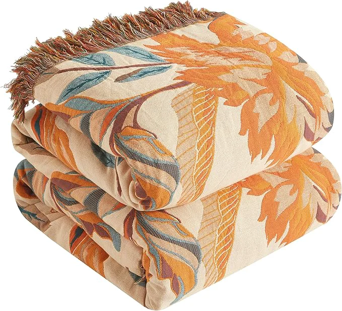 Luxury Boho Throw Blanket for Bed 80 x90 Cotton Woven Blanket for Couch Sofa Ultra Soft 4-Layer Muslin Quilt with Floral Printed Farmhouse Bed Blanket Cover for Living Room Decor Green