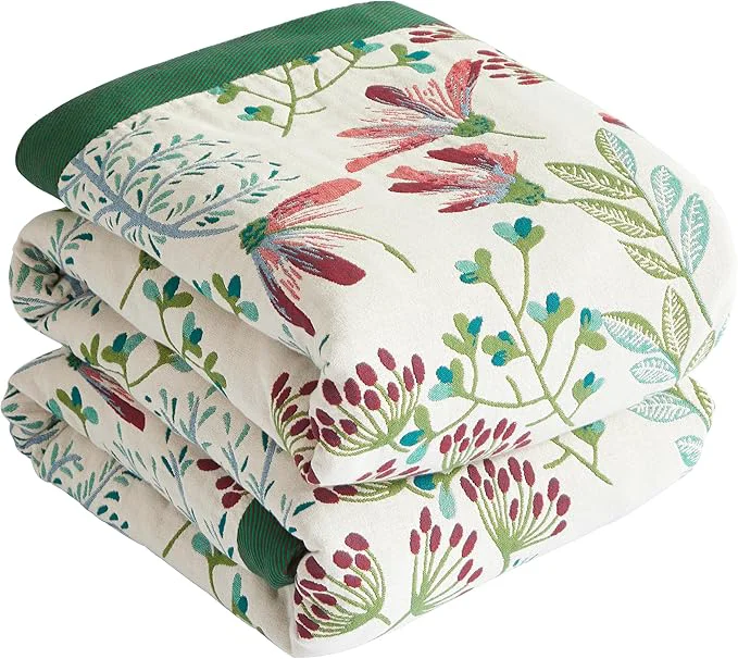 Selected Boho Throw Blanket for Bed 50 x60 Cotton Woven Blanket for Couch Sofa Ultra Soft 4-Layer Muslin Quilt with Floral Printed Farmhouse Bed Blanket Cover for Living Room Decor Stylish
