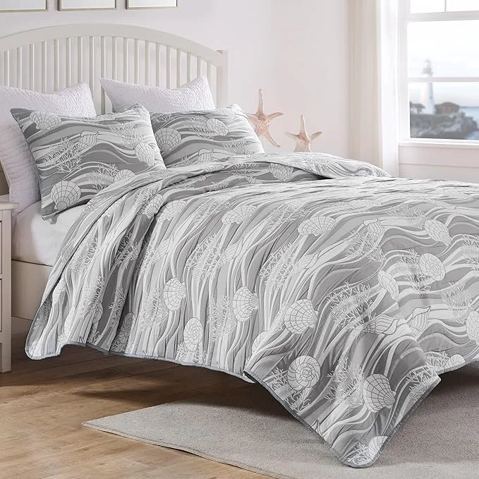 Elite Greenland Home Coastal Paradise Reversible Matelassé Coverlet Set 2-Piece Twin XL Dover Harbor Gray Exceptional