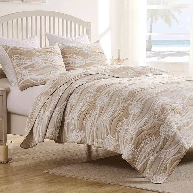 Secure Greenland Home Coastal Paradise Reversible Matelassé Coverlet Set 3-Piece Full Queen Dover Natural Advanced