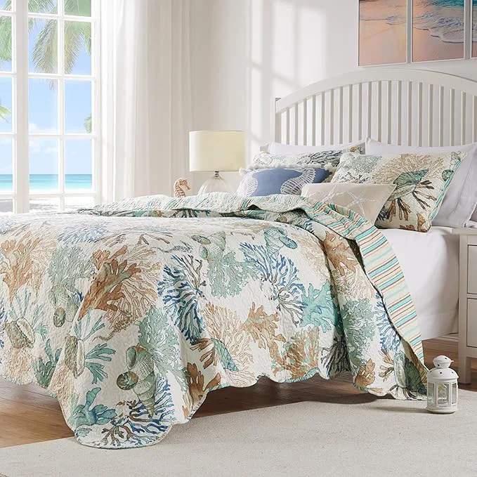 Lightweight Greenland Home Barefoot Bungalow Atlantis Coastal Quilt Set 5-Piece King Cal King Jade Fine Crafted