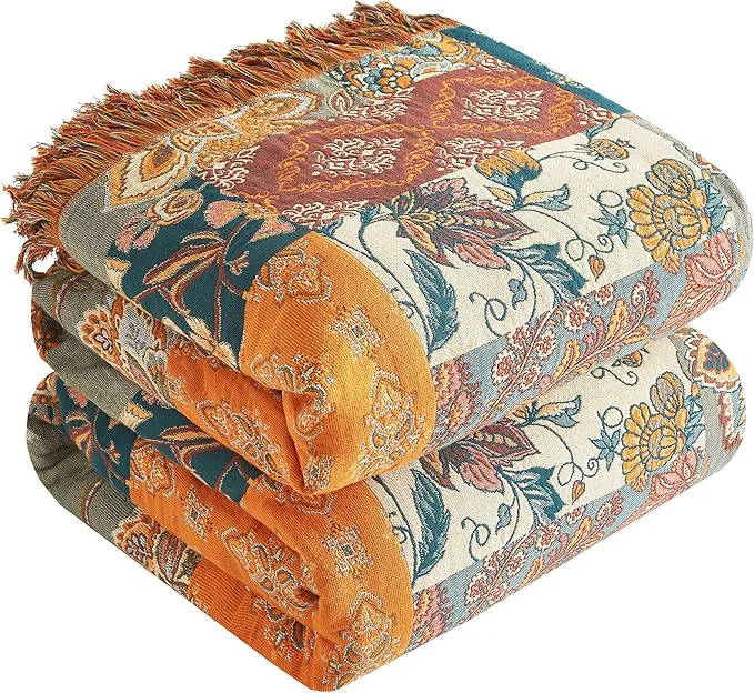 Smart Boho Throw Blanket for Bed 80 x90 Cotton Woven Blanket for Couch Sofa Ultra Soft 4-Layer Muslin Quilt with Patchwork Floral Printed Farmhouse Bed Blanket Cover for Living Room Decor Environmentally Friendly