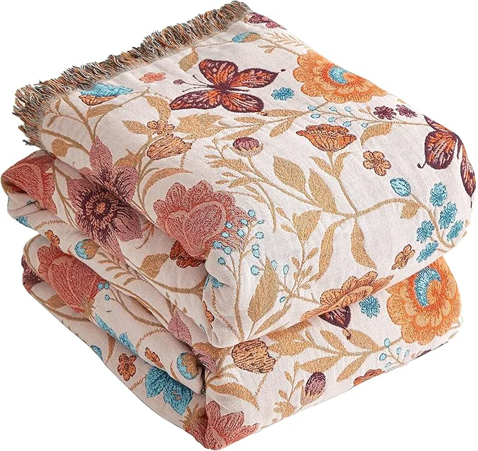Green Boho Throw Blanket for Bed 90 x98 Cotton Woven Blanket for Couch Sofa Ultra Soft 4-Layer Muslin Quilt with Floral Printed Farmhouse Bed Blanket Cover for Living Room Decor Original