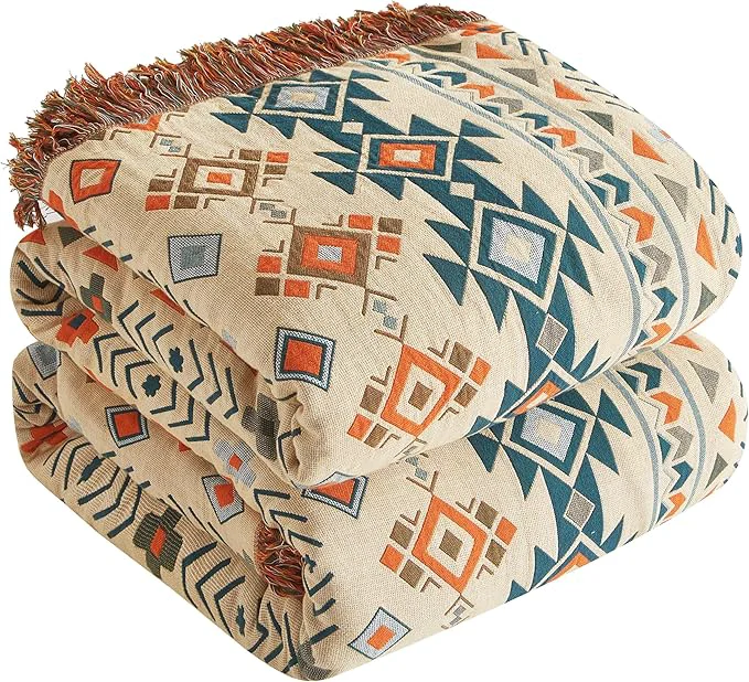 Versatile Boho Throw Blanket for Bed 60 x80 Cotton Woven Blanket for Couch Sofa Ultra Soft 4-Layer Muslin Quilt with Diamond Pattern Farmhouse Bed Blanket Cover for Living Room Decor Trusted