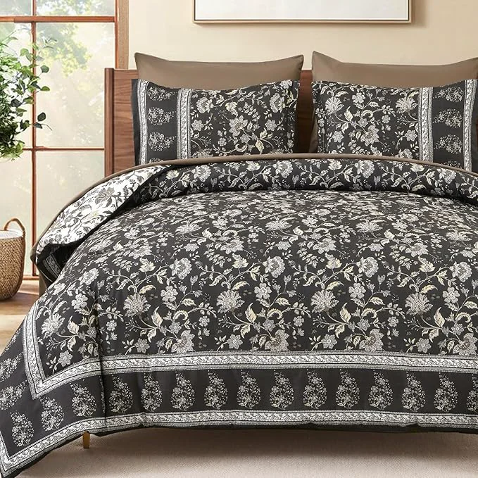 Safe Dinjoy Comforter Set King Size Boho Reversible Brown Gray Bedding Paisley Floral 7 Piece Bed in a Bag Soft Lightweight Bohemain Comforters with Sheet Sets for All Season Flexible