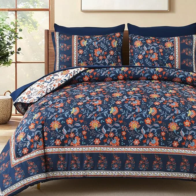 Easy-to-Use Dinjoy Comforter Set King Size Boho Reversible Navy Bedding Paisley Floral 7 Piece Bed in a Bag Soft Lightweight Bohemain Comforters with Sheet Sets for All Season Elite