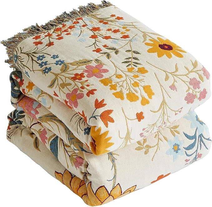 High-Performance Boho Throw Blanket for Bed 90 x98 Cotton Woven Blanket for Couch Sofa Ultra Soft 4-Layer Muslin Quilt with Floral Printed Farmhouse Bed Blanket Cover for Living Room Decor Classic