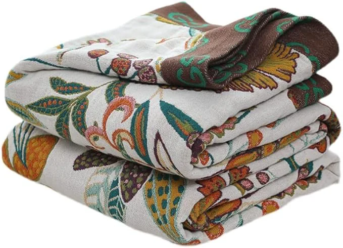Boho Throw Blanket for Bed 60 x80 Cotton Woven Blanket for Couch Sofa Ultra Soft 4-Layer Muslin Quilt with Floral Printed Farmhouse Bed Blanket Cover for Living Room Decor Eco-Friendly