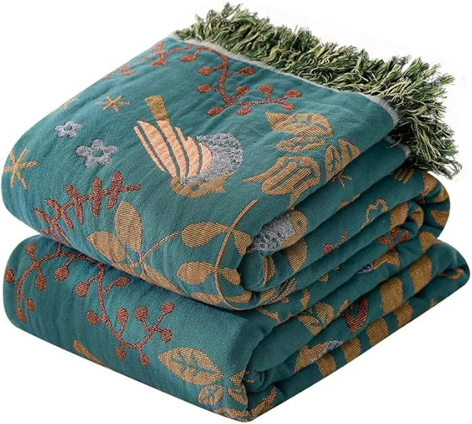 Prestigious Boho Throw Blanket for Bed 90 x98 Cotton Woven Blanket for Couch Sofa Ultra Soft 4-Layer Muslin Quilt with Bird Floral Printed Farmhouse Bed Blanket Cover for Living Room Decor Pure