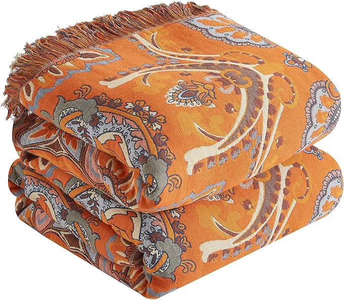 Traditional Boho Throw Blanket for Bed 80 x90 Cotton Woven Blanket for Couch Sofa Ultra Soft 4-Layer Muslin Quilt with Vintage Floral Printed Farmhouse Bed Blanket Cover for Living Room Decor Contemporary
