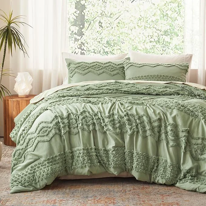 Long-Lasting Luxudecor Sage Green Tufted Comforter Set King Size 3 Pieces Boho Shabby Chic Comforter Farmhouse Embroidery Bedding Set Soft Comforter for All Seasons Sage Green 104 39 39 x90 39 39 Enhanced