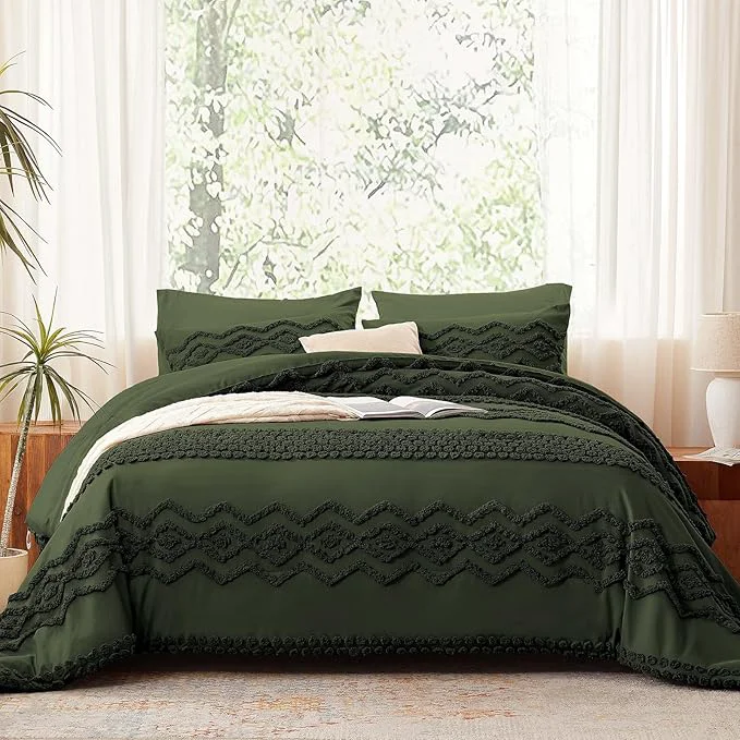 Fast Luxudecor Olive Green Boho Tufted Comforter Set Full Size 3 Pieces Boho Shabby Chic Comforter Farmhouse Embroidery Bedding Set Soft Comforter for All Seasons Olive Green 80 39 39 x90 39 39 Trusted