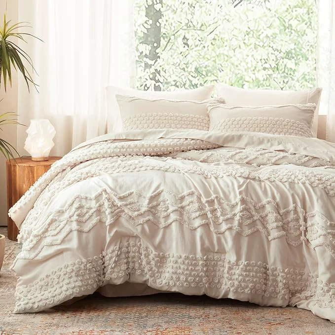 Excellent Luxudecor Beige Tufted Comforter Set King Size 3 Pieces Boho Shabby Chic Comforter Farmhouse Embroidery Bed Set Soft Comforter for All Seasons Beige 104 39 39 x90 39 39 Premium Material