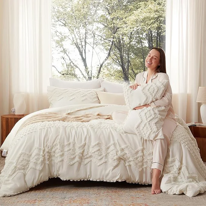 Sustainable Luxudecor Boho Tufted Comforter Set Queen Size 3 Pieces Ivory White Shabby Chic Comforter Farmhouse Embroidery Bedding Set Soft Comforter for All Seasons Ivory White 90 39 39 x90 39 39 Traditional