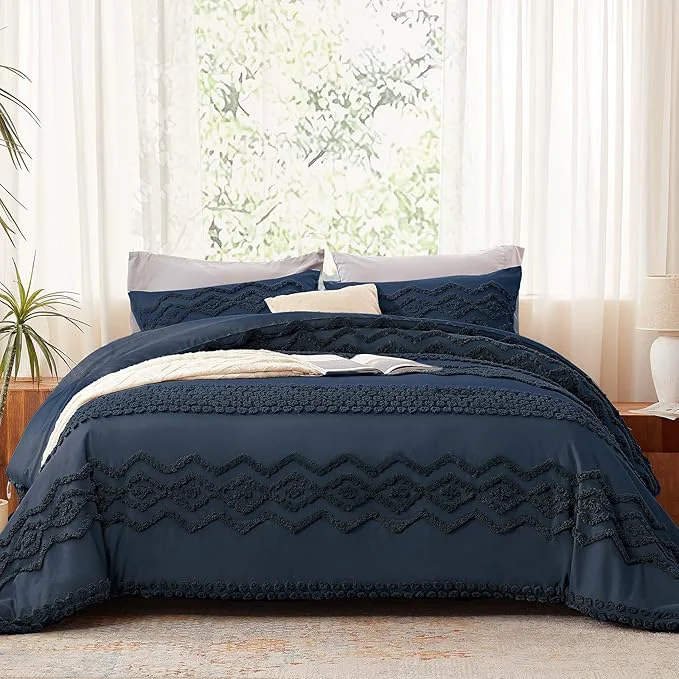 Advanced Luxudecor Navy Blue Boho Tufted Comforter Set King Size 3 Pieces Boho Shabby Chic Comforter Farmhouse Embroidery Bedding Set Soft Comforter for All Seasons Navy Blue 104 39 39 x90 39 39 Quality