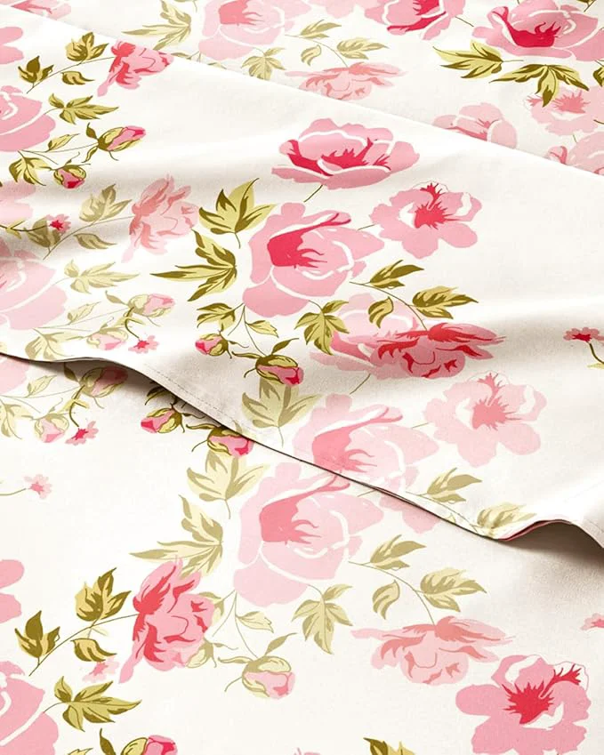 Genuine Floral Sheets – Pink Floral Bed Sheet Set – 1 Flat 1 Fitted amp 2 Pillowcases w Deep Pockets – Comfy Wrinkle amp Fade – Boho Botanical Bedding – Ultra-Soft Breathable amp Cooling – Queen Size Set High-Quality