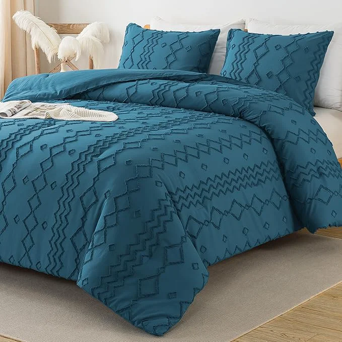 Optimized Andency Teal Tufted Comforter Set Full 79x90Inch 3 Pieces 1 Boho Comforter 2 Pillowcases Textured Farmhouse Bed Set Soft Microfiber Down Geometric Bedding High-Grade