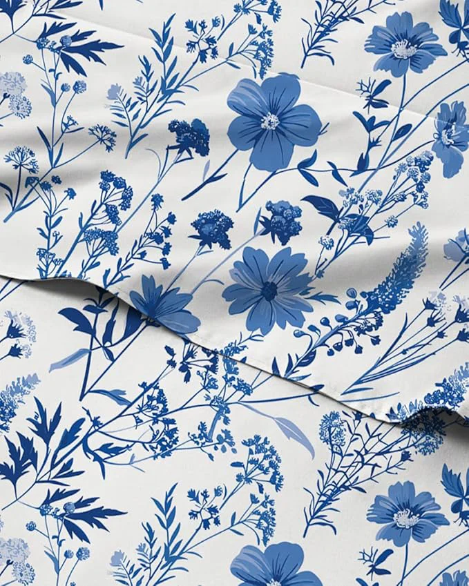 Durable Floral Sheets – White amp Blue Bed Sheet Set – 1 Flat 1 Fitted amp 2 Pillowcases w Deep Pockets – Comfy Cozy Wrinkle amp Fade – Boho Botanical Bedding – Soft Breathable amp Cooling – Queen Size Set Exclusive