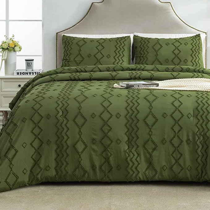 High-Grade Andency Olive Green Tufted Comforter Set Full 79x90Inch 3 Pieces 1 Boho Comforter 2 Pillowcases Textured Farmhouse Soft Microfiber Down Geometric Bedding Set Convenient