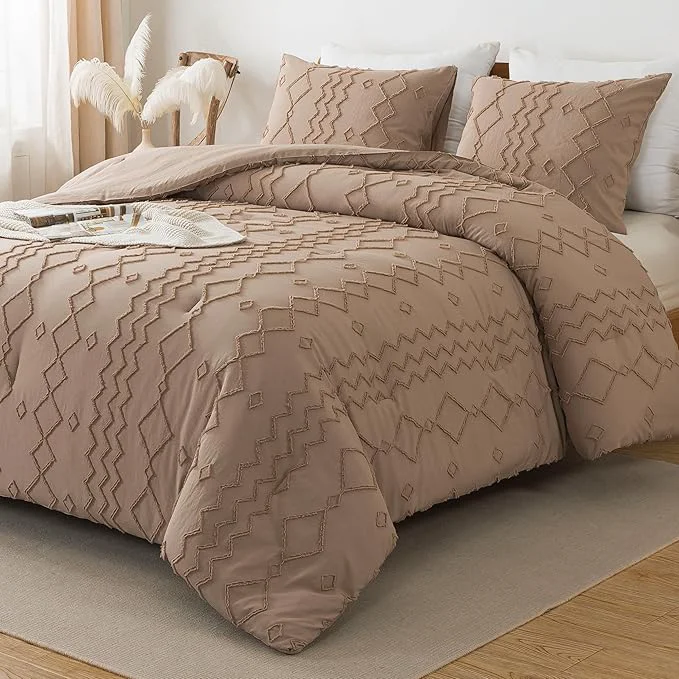 Advanced Andency Taupe Tufted Comforter Set Full 79x90Inch 3 Pieces 1 Boho Comforter 2 Pillowcases Textured Farmhouse Bed Soft Microfiber Down Geometric Bedding Set Long-Lasting