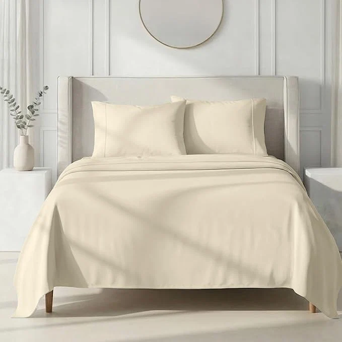 Traditional California Design Den Queen Bed Sheets Set – 1000 Thread Count Sateen Thick and Natural Cotton Sheets Queen Size Deep Pockets Durable Bedding Set – Ivory Creamy Beige Tone World-Class