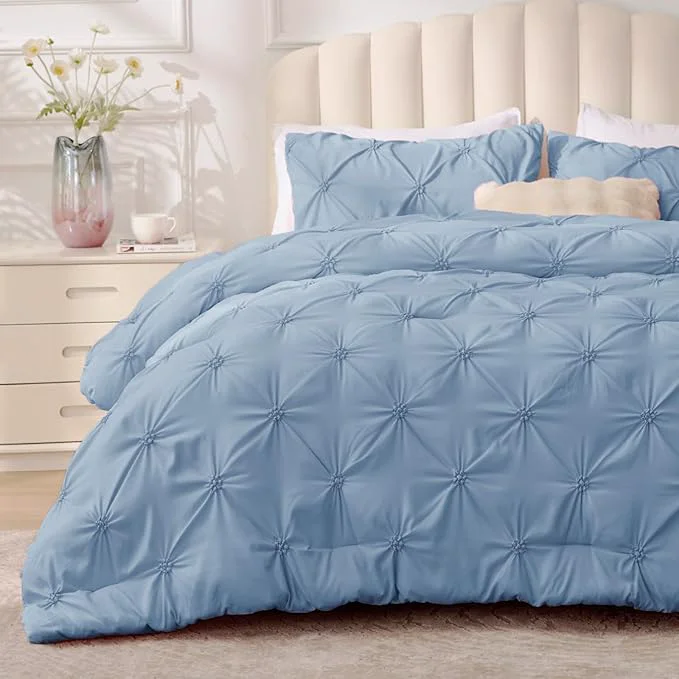 Fashionable BEDELITE Cornflower Blue Queen Comforter Set – 3 Pieces Boho Pintuck Bedding Comforter Sets Lightweight Soft amp Warm Bed Comforter Queen with 2 Pillowcases for All Season Verified