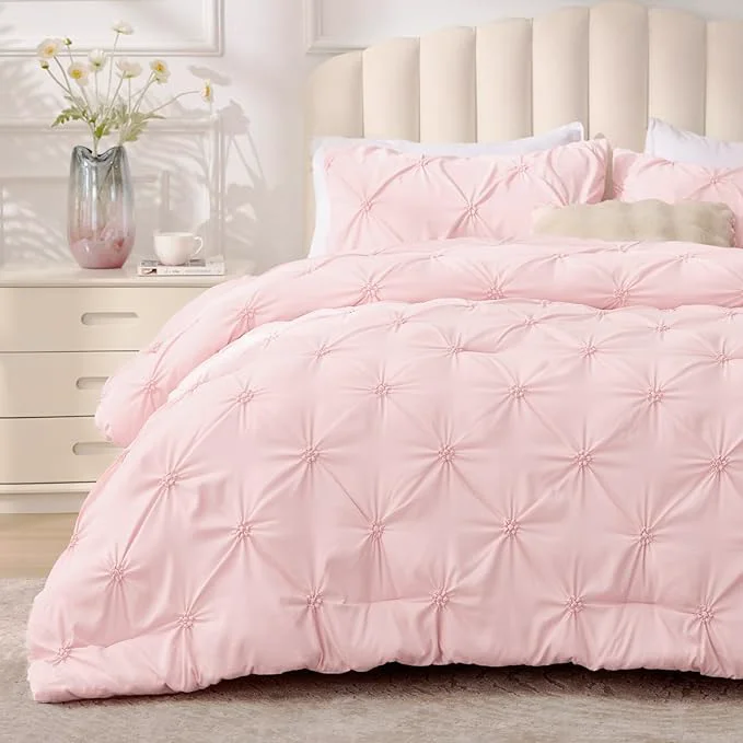 Consistent BEDELITE Baby Pink Queen Comforter Set – 3 Pieces Boho Pintuck Bedding Comforter Sets Lightweight Soft amp Warm Bed Comforter Queen with 2 Pillowcases for All Season Detailed