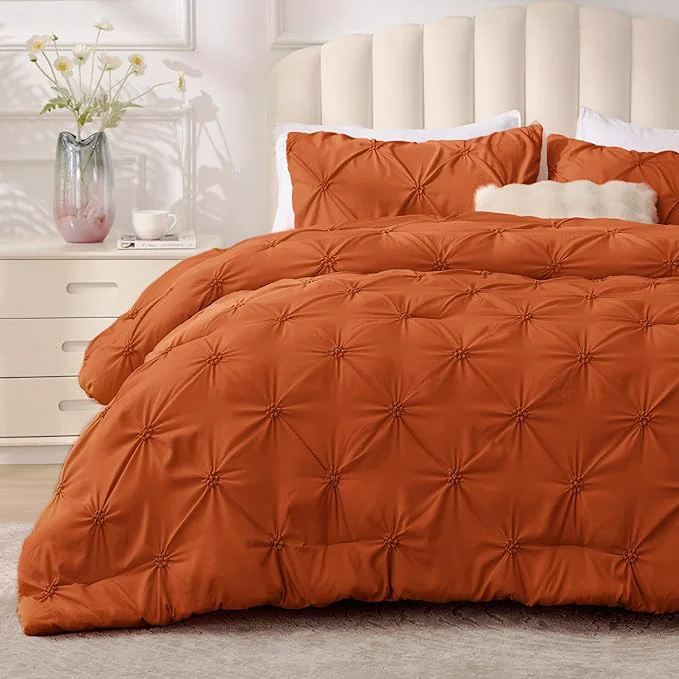 Elegant BEDELITE Burnt Orange King Size Comforter Set – 3 Pieces Boho Pintuck Bedding Comforter Sets Lightweight Soft amp Warm King Bedding Set with 2 Pillowcases for All Season Organic