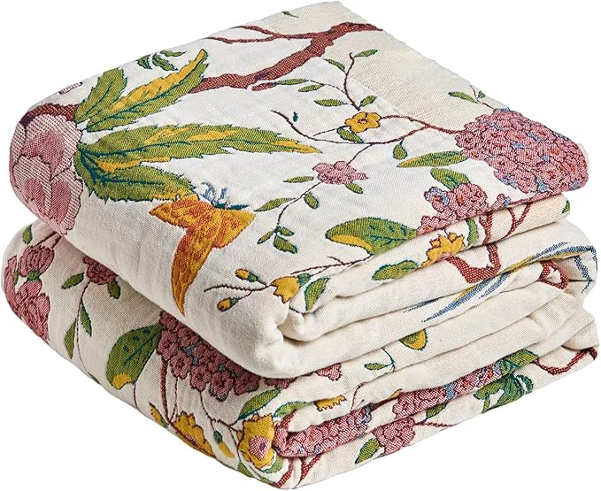 Original MSGKV The Boho Layer 60 quot x80 quot Cotton Throw Blanket – Full Size for Couch Snuggles Twin Bed Topper Lightweight amp Breathable Reversible Chinoiserie Floral amp Bird Pattern Decorative Accent Versatile